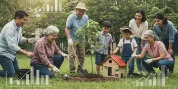 Pessoas de diversas idades colaborando em um projeto comunitário vibrante, simbolizando o impacto positivo do financiamento comunitário em 2026.