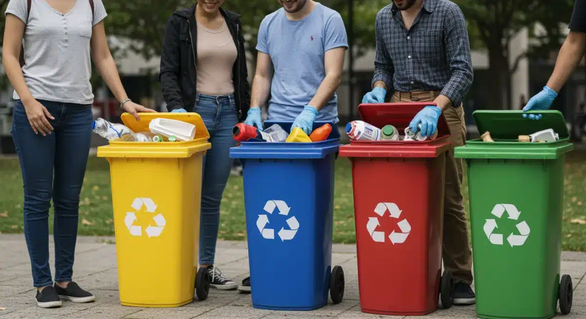 Comunidade engajada na separação e reciclagem de lixo em um parque urbano, demonstrando a importância da participação cidadã.