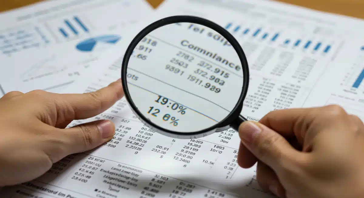 Mão segurando lupa sobre documento, simbolizando a revisão detalhada e a conformidade com os requisitos das novas diretrizes de financiamento.