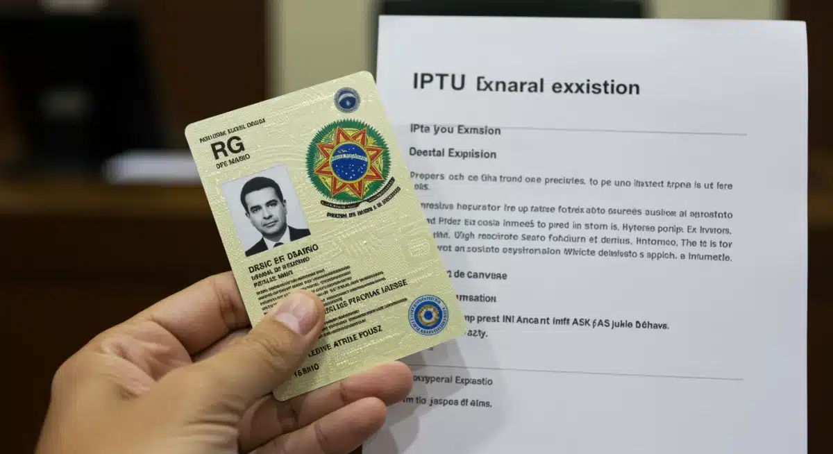 Mão segurando RG de idoso e documento de isenção de IPTU, simbolizando o processo de reivindicação de benefícios.