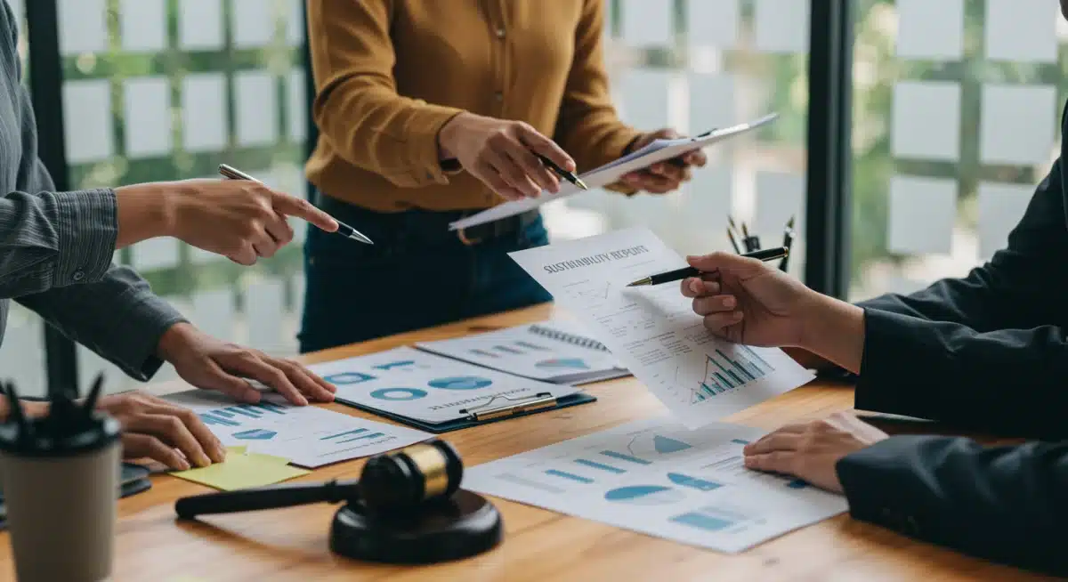 Equipe de gestão ambiental discutindo estratégias de conformidade com as novas leis de descarte.