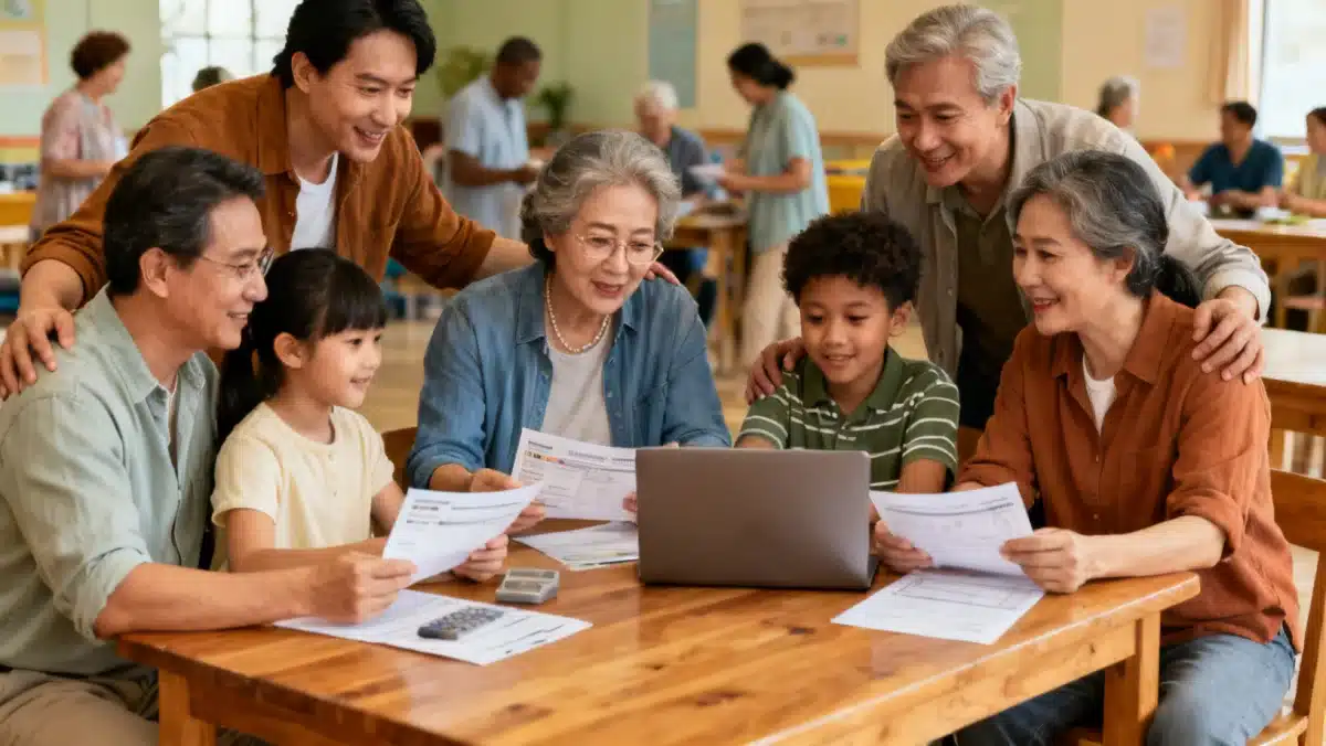 Grupo de famílias diversas discutindo finanças domésticas, representando a importância do benefício social.