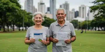 Idosos brasileiros sorrindo, desfrutando de um parque urbano, simbolizando a dignidade e o acesso aos direitos em 2026.
