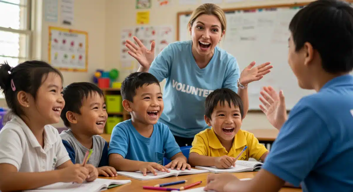 Crianças felizes em sala de aula, aprendendo com um professor voluntário, destacando o impacto do voluntariado especializado em educação.