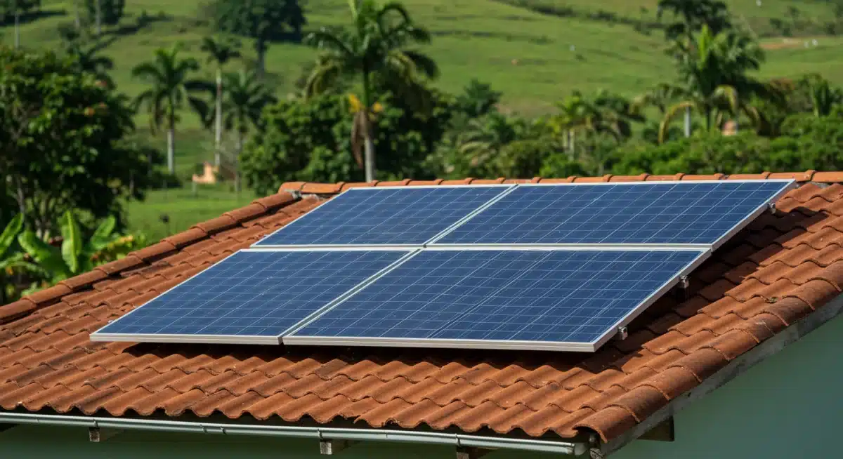 Painéis solares fotovoltaicos em telhado de casa rural brasileira
