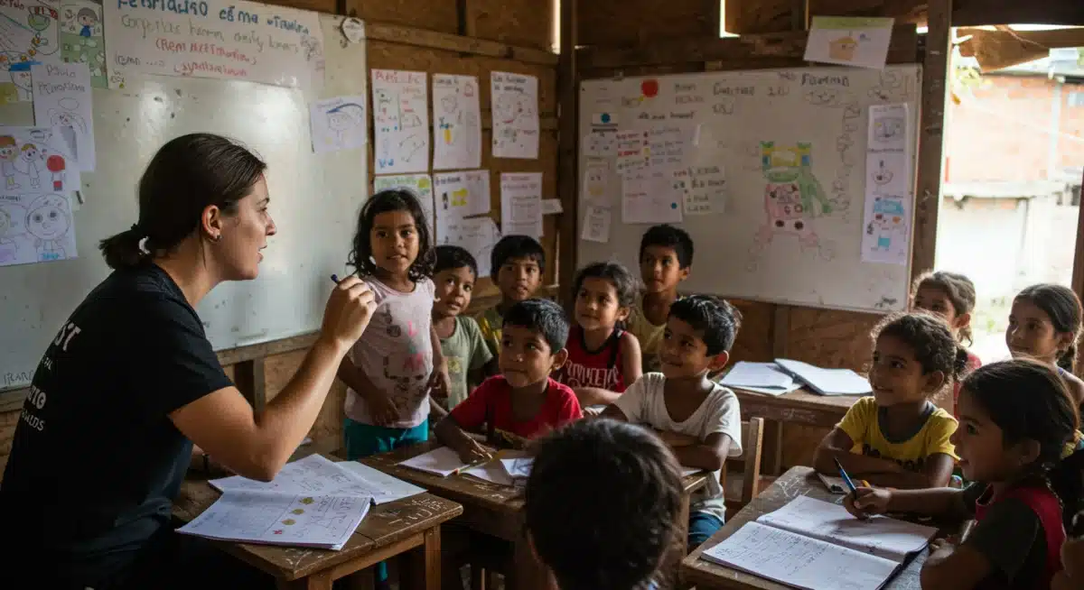 Voluntária ensinando crianças em uma sala de aula improvisada na favela, com foco em educação e engajamento comunitário.