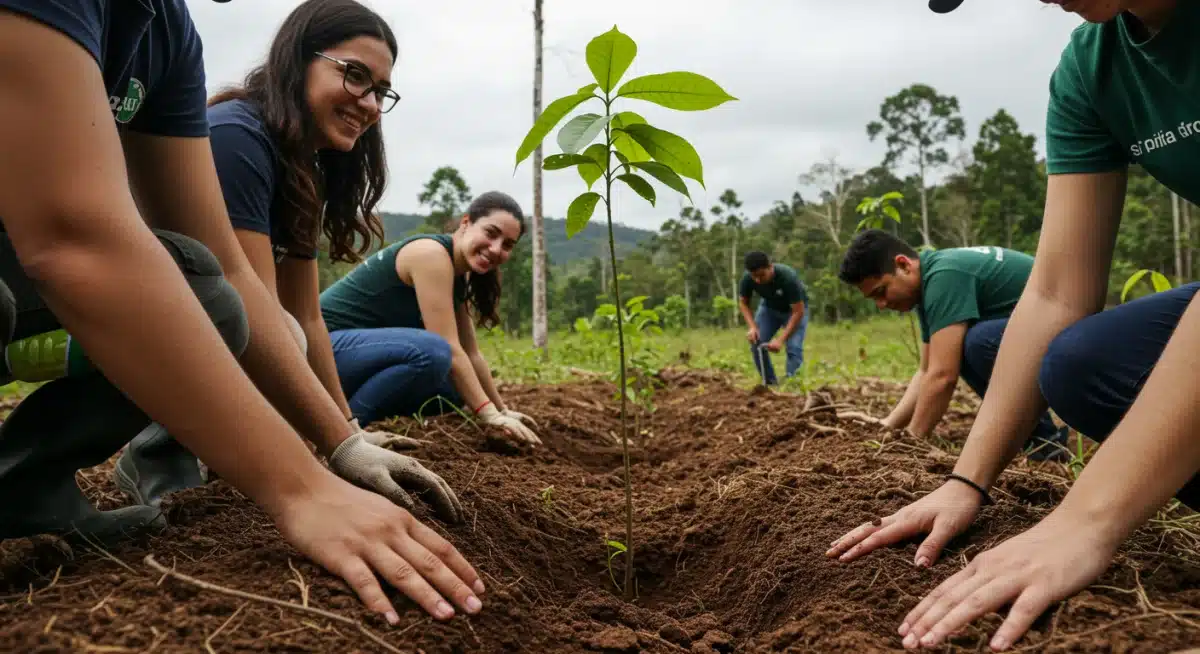 Voluntários plantando árvores em área desmatada no Brasil, simbolizando a recuperação ambiental e a sustentabilidade.