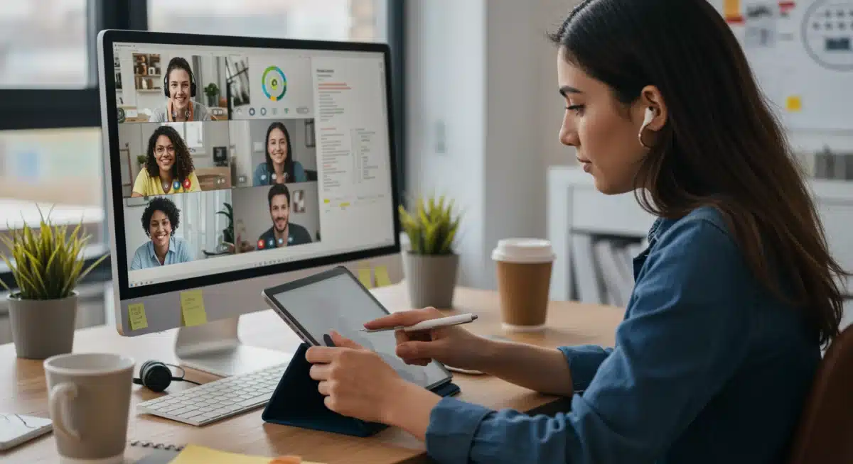 Jovem brasileira coordenando projeto de voluntariado virtual, destacando o uso da tecnologia e a colaboração remota.