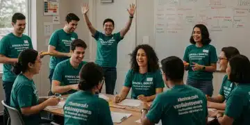 Voluntários diversos participando de treinamento interativo para atuar em comunidades vulneráveis, com foco em metas para 2026 e impacto social.