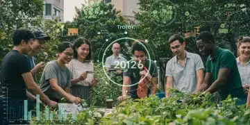 Pessoas colaborando em projeto comunitário com foco em sustentabilidade financeira e impacto social em 2026.