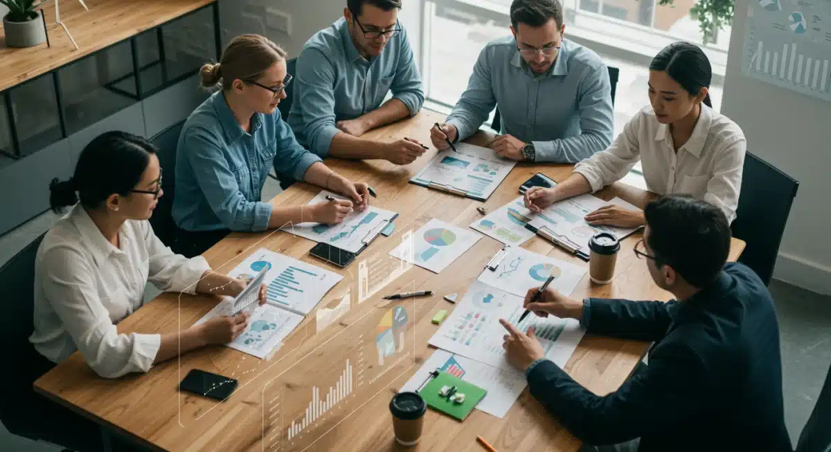 Profissionais colaborando em mesa de reunião sobre estratégias de projetos verdes e financiamento.