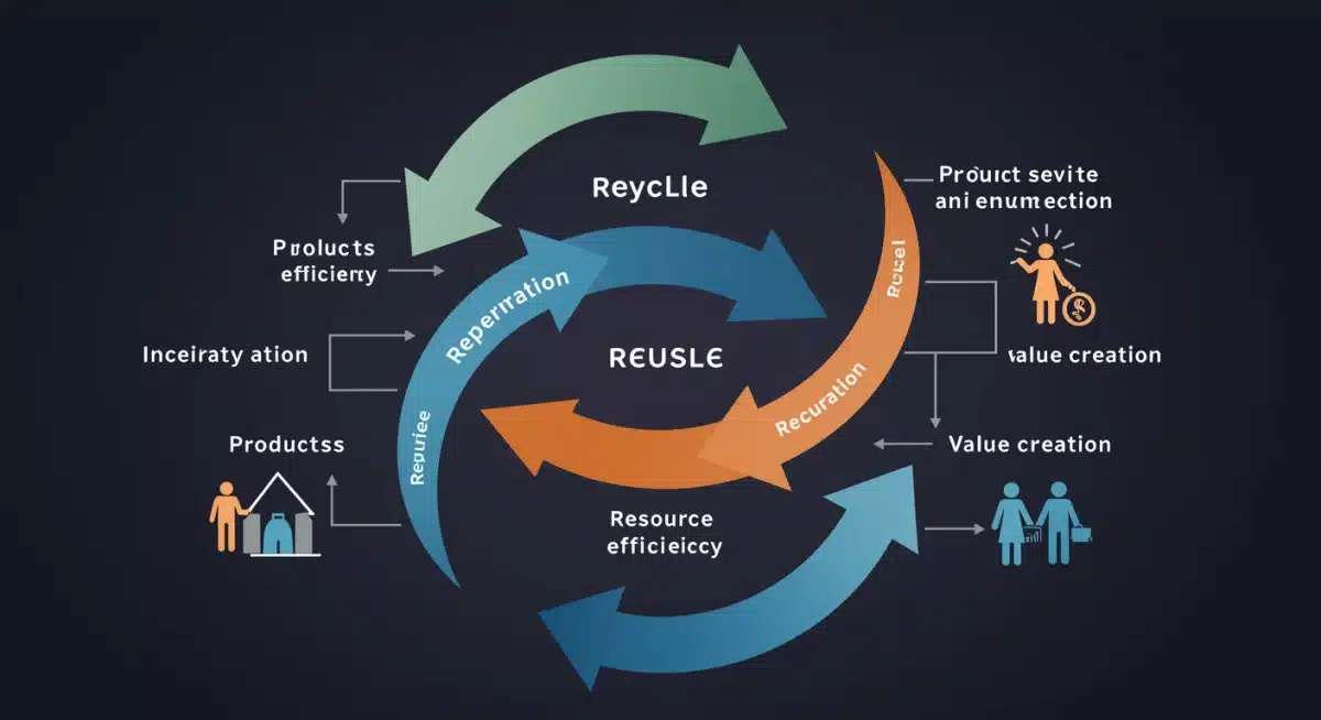 Ilustração de economia circular com setas de reciclagem e reuso, representando a eficiência de recursos.