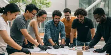 Pessoas diversas colaborando em um projeto comunitário, engajamento ativo e inovador.