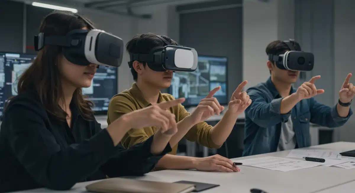 Jovens engajados em planejamento de projeto comunitário via realidade virtual.