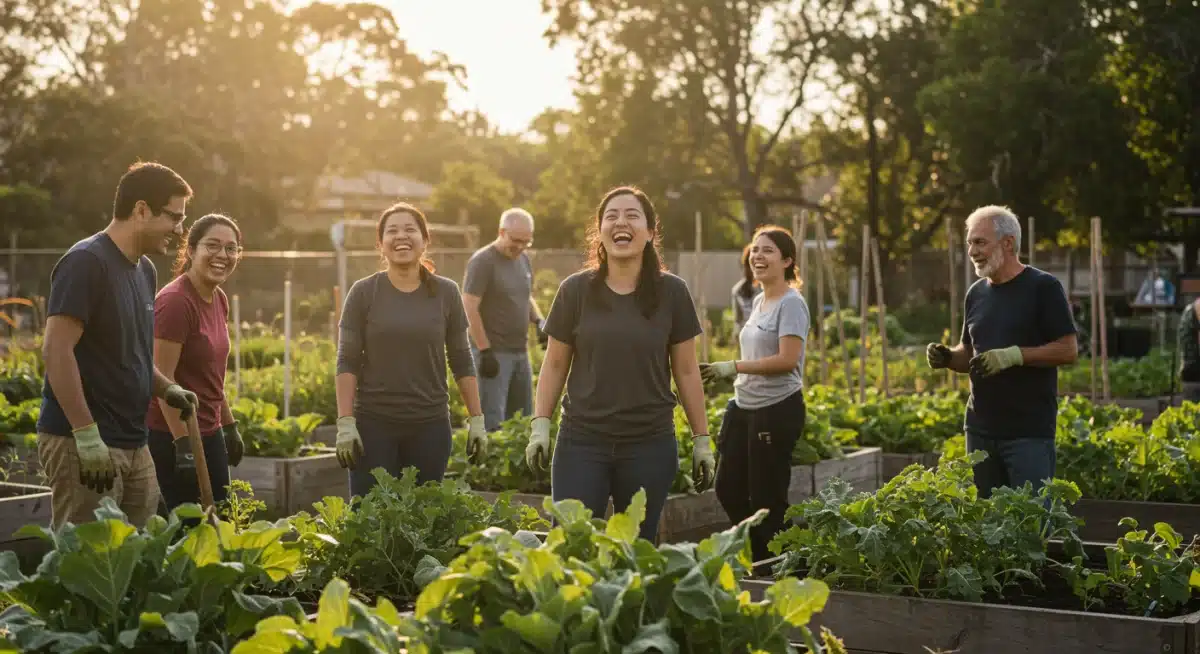 Voluntários cuidando de uma horta comunitária, promovendo sustentabilidade e conexão.