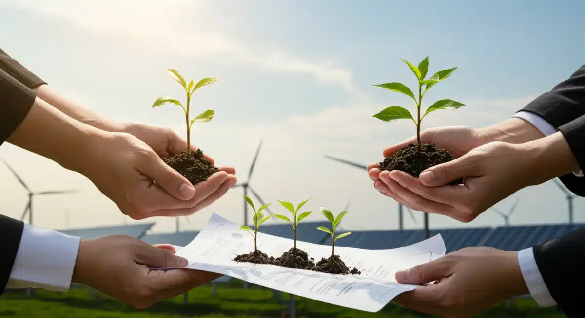 Mãos trocando planta sobre documentos financeiros, simbolizando investimento em projetos sustentáveis.