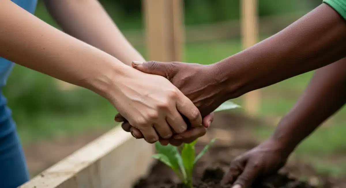 Mãos de voluntários e membros da comunidade colaborando em projeto social.