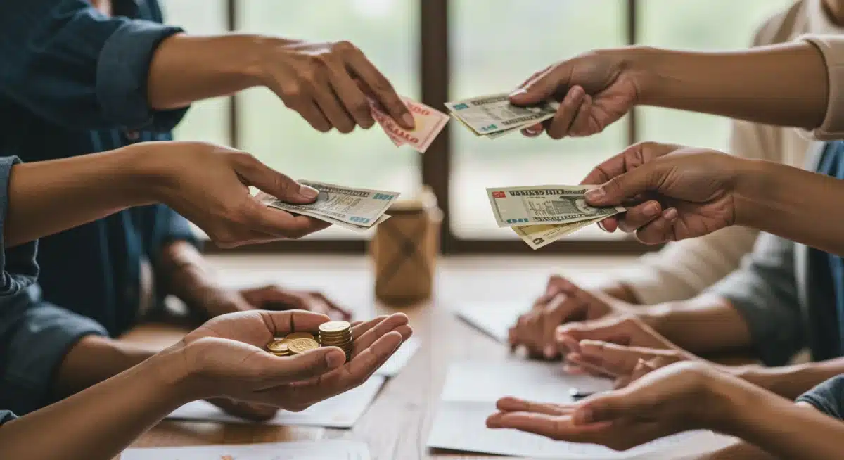 Grupo diverso participando de iniciativa de microfinanças, trocando recursos e demonstrando apoio mútuo.