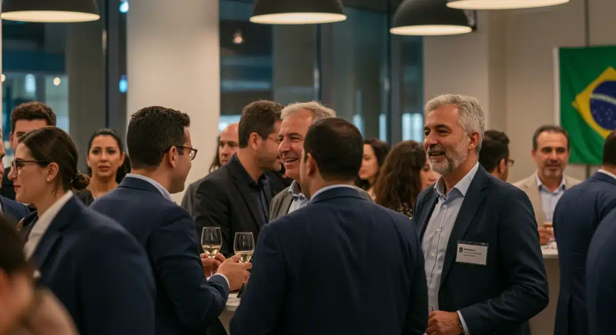 Profissionais fazendo networking em evento, trocando cartões e conversando.