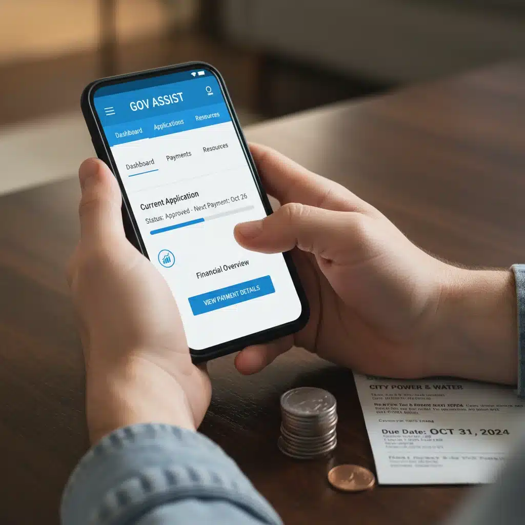 Pessoa utilizando aplicativo ou site para consultar e gerenciar benefícios sociais, com foco em inclusão digital e planejamento financeiro.