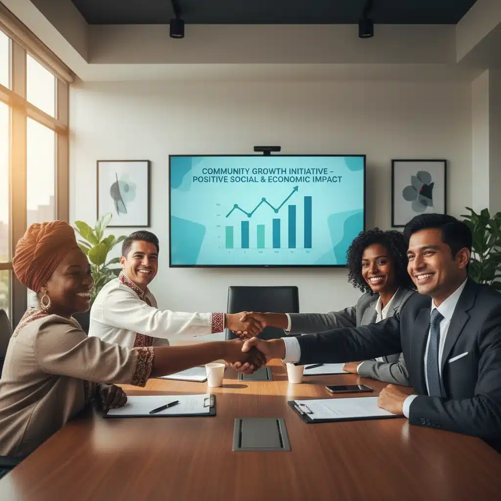 Líderes comunitários e executivos empresariais apertando as mãos, selando uma parceria estratégica de sucesso e impacto social.