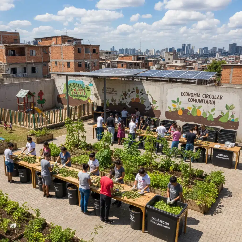 Centro comunitário de compostagem de resíduos orgânicos em área urbana brasileira, com participação ativa da população.