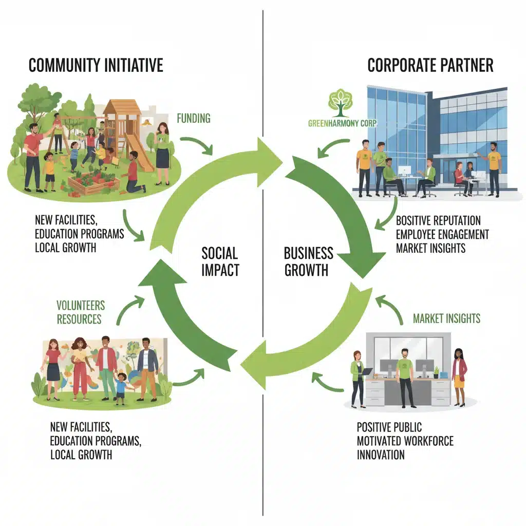 Diagrama de ciclo de benefícios mútuos entre iniciativa comunitária e parceiro corporativo, mostrando crescimento e impacto positivo contínuo.
