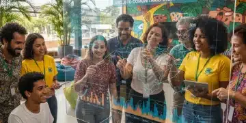 Pessoas diversas de uma comunidade brasileira colaborando em um projeto digital, utilizando tecnologia social para gestão.