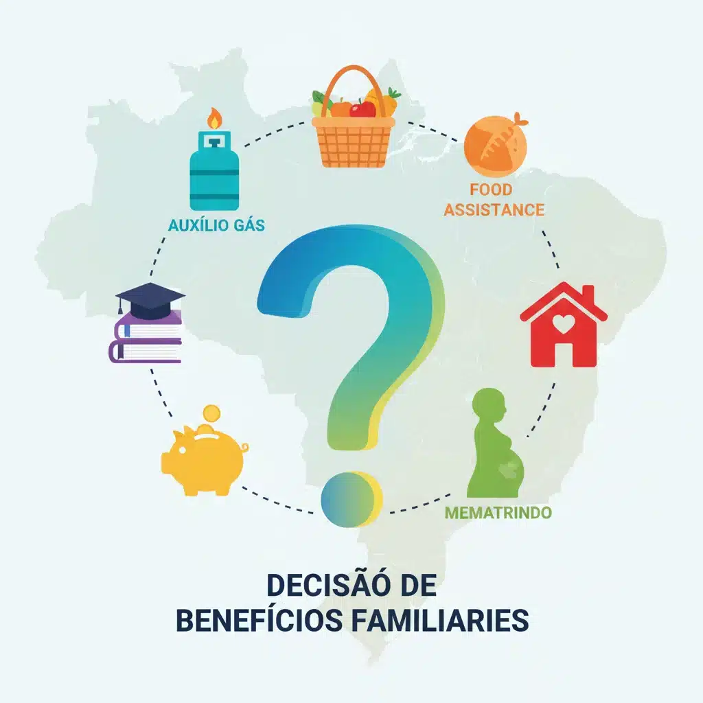 Ícones representando diferentes benefícios sociais e assistenciais no Brasil, incluindo Auxílio Gás, para comparação.