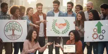 Pessoas da comunidade colaborando em um projeto de financiamento coletivo com otimismo e união.