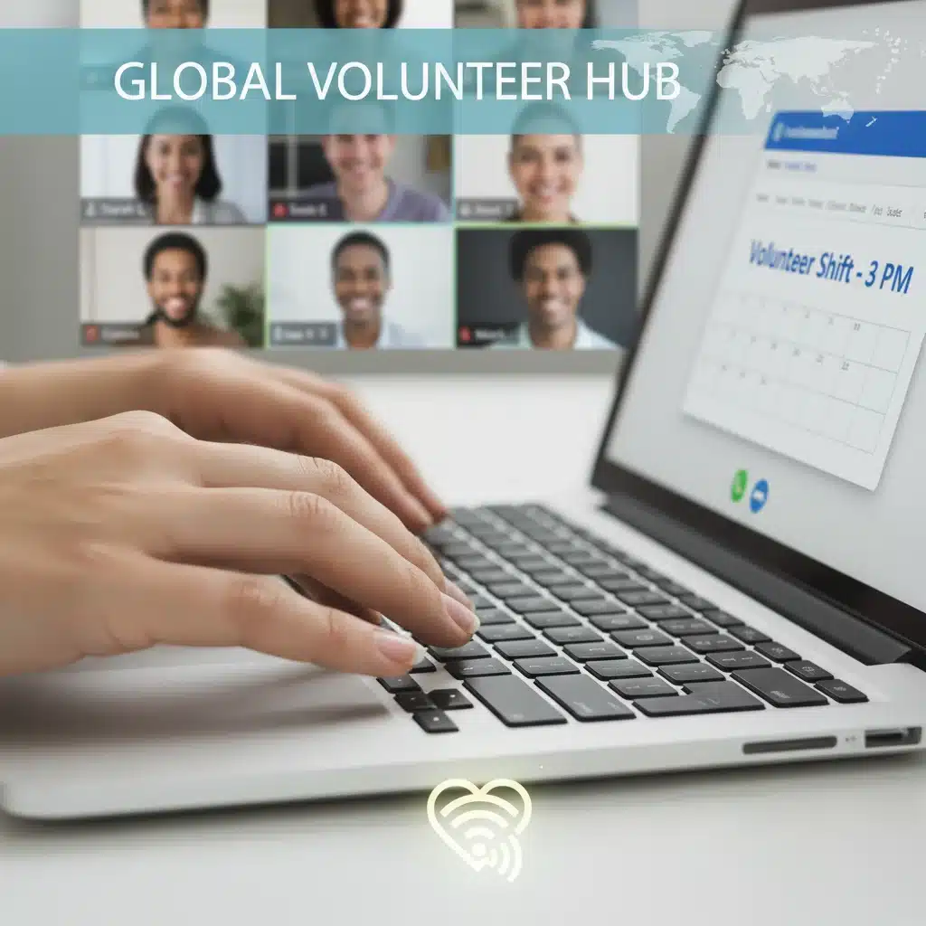 Mãos digitando em um teclado de laptop, com tela exibindo reunião virtual, simbolizando trabalho voluntário digital.
