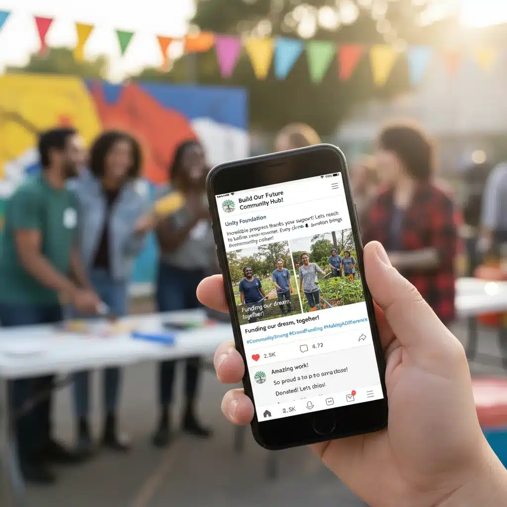 Mão segurando smartphone com post de campanha de crowdfunding em redes sociais e engajamento.