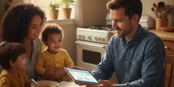 Família brasileira discutindo benefícios sociais e o Auxílio Gás 2026 em casa, com foco na economia doméstica.