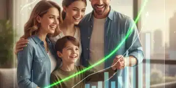 Família feliz observando gráfico financeiro em ascensão, representando aumento de renda em 2026.