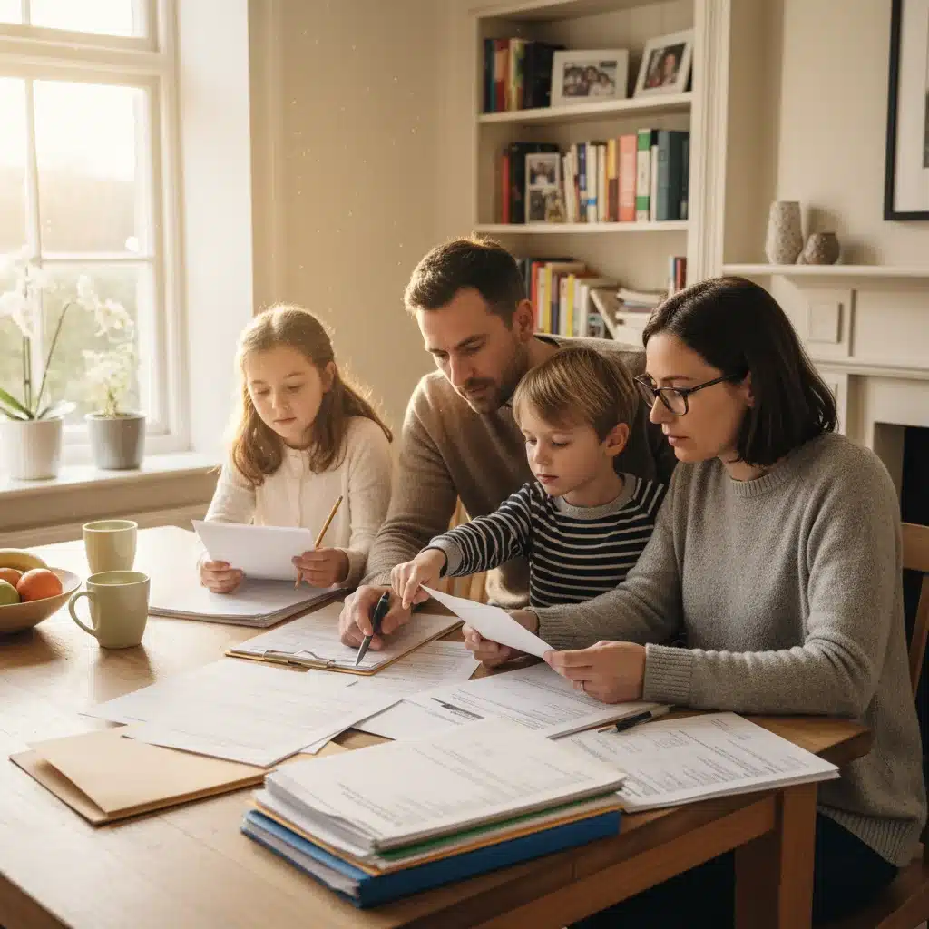 Família reunida analisando documentos e formulários para a revisão de benefícios sociais.