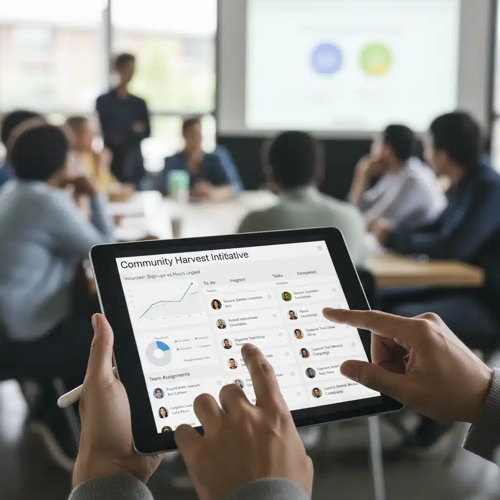 Mãos interagindo com tablet exibindo dashboard de gestão de projetos comunitários, focado em eficiência e tecnologia.