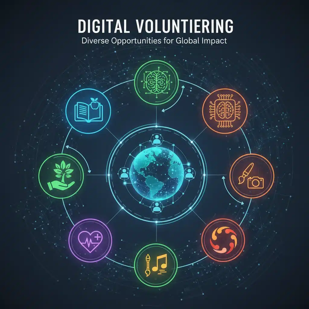 Seis ícones interconectados representando diversas áreas de impacto social e comunidade global, simbolizando oportunidades de voluntariado digital.