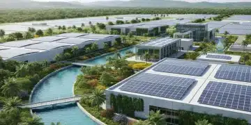 Indústria moderna com sistema de tratamento de água e painéis solares, simbolizando gerenciamento hídrico eficiente e sustentabilidade empresarial no Brasil.