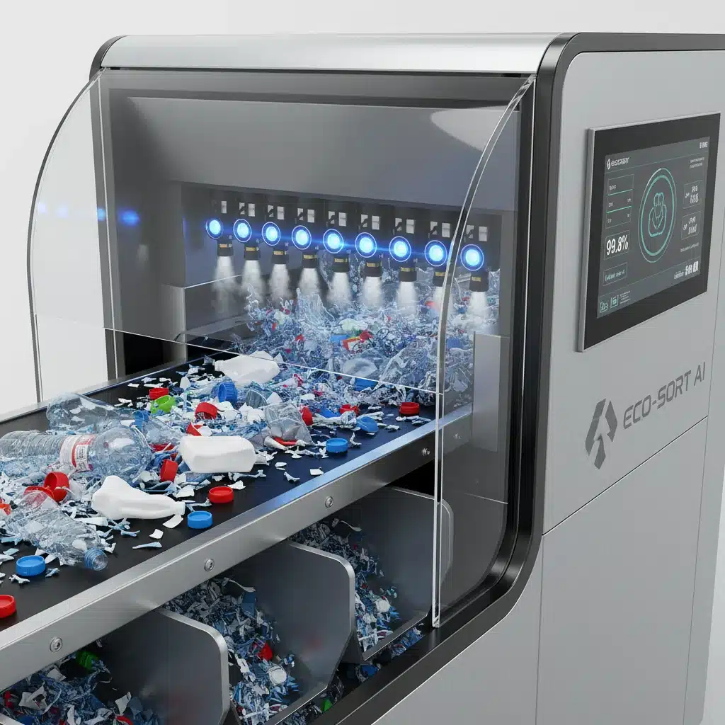 Máquina de triagem de plástico com sensores ópticos e inteligência artificial para separação precisa de resíduos.