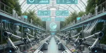 Planta de reciclagem futurista no Brasil com tecnologias avançadas de triagem e processamento de resíduos.