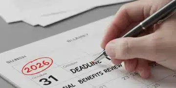 Calendário destacando o ano de 2026 e uma mão segurando uma caneta, simbolizando o prazo final para a revisão de benefícios sociais.