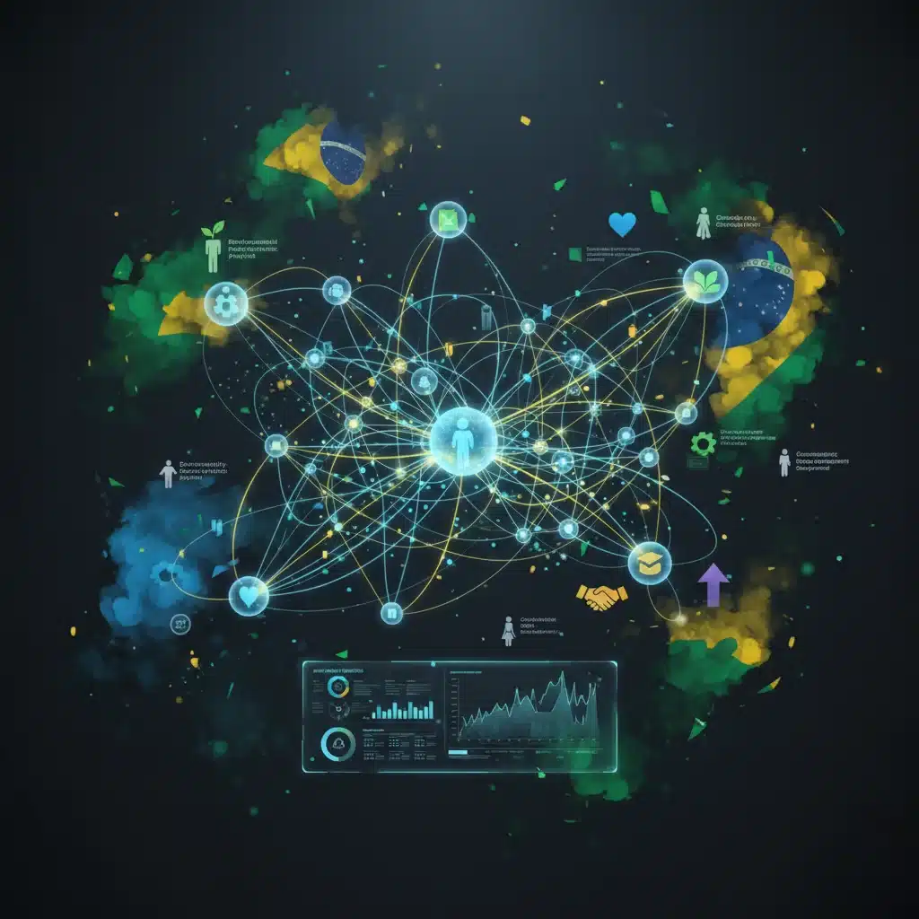 Rede de dados e conexões simbolizando transparência e engajamento em projetos sociais, com foco em impacto comunitário.