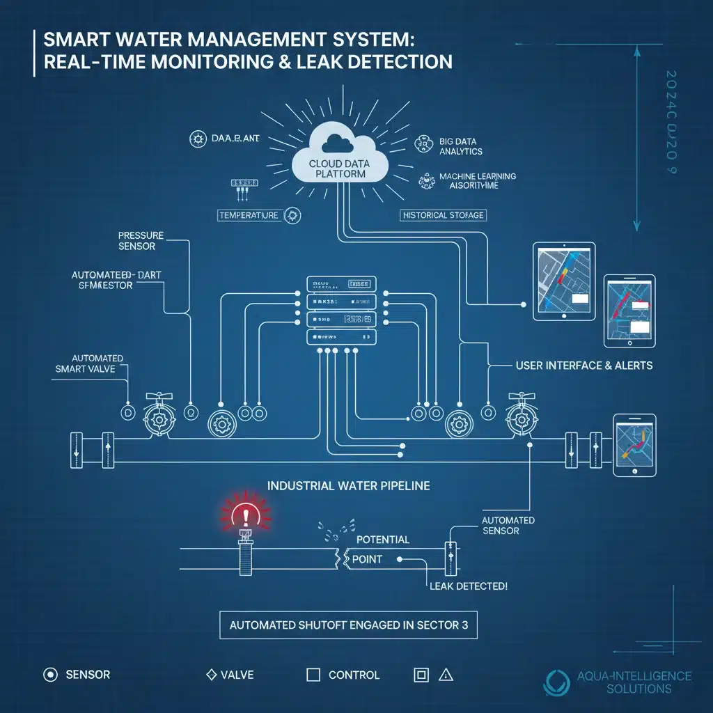 Diagrama de sistema inteligente de monitoramento de água em tempo real para detecção de vazamentos e otimização do uso.