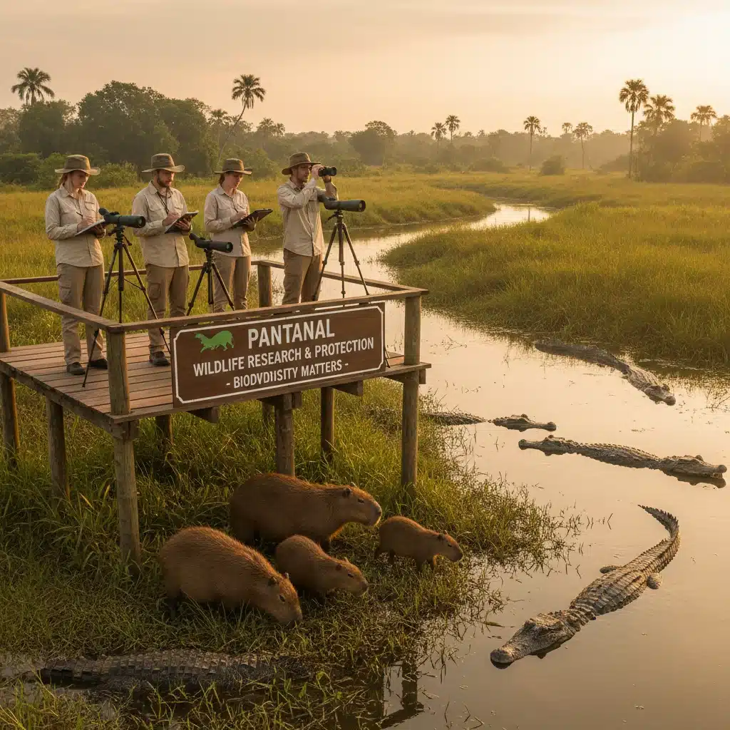 Voluntários monitorando a vida selvagem no Pantanal, contribuindo para a proteção da biodiversidade.