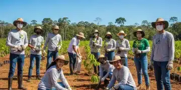Voluntários plantando árvores na Amazônia, simbolizando a restauração ambiental no Brasil.