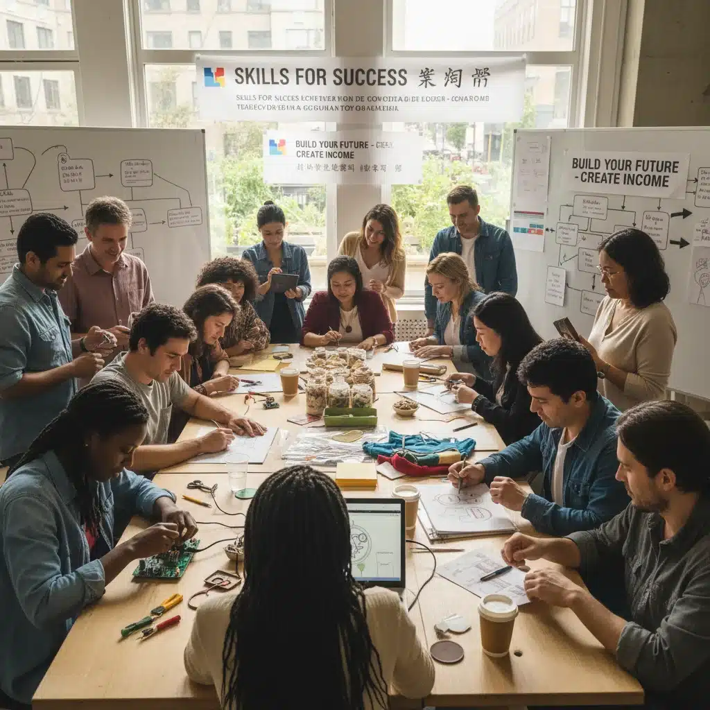 Grupo diverso aprendendo novas habilidades em workshop comunitário para geração de renda.