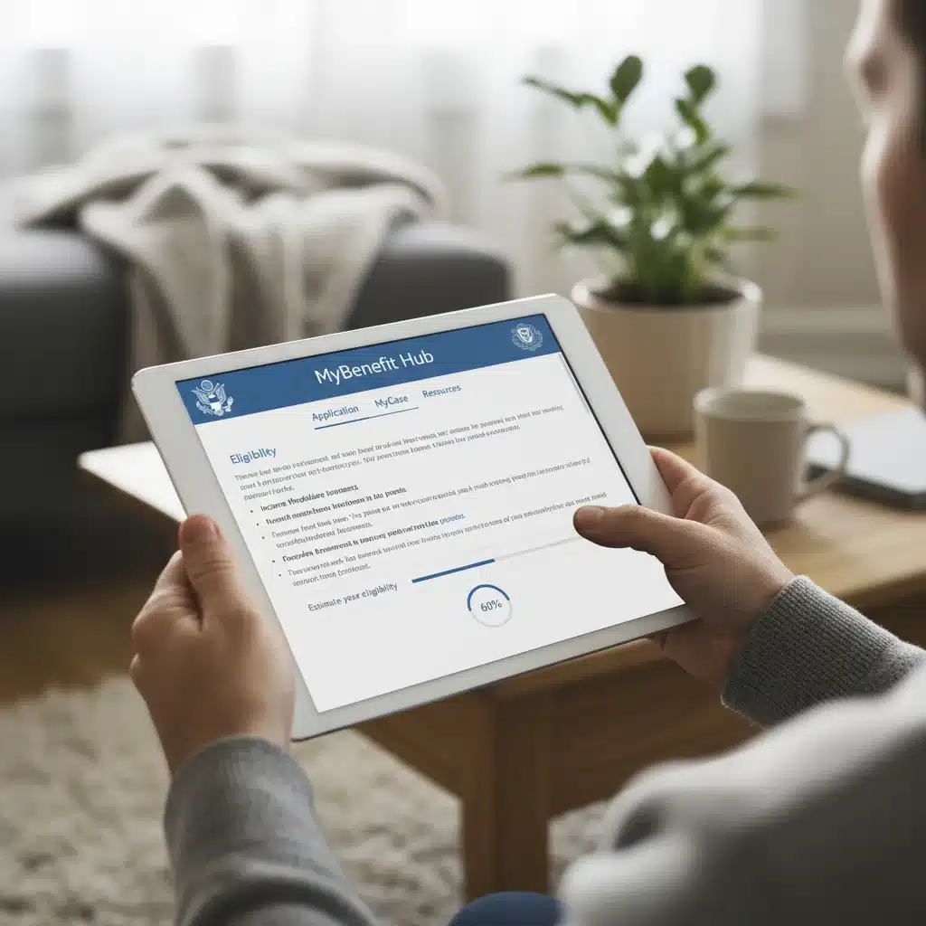 Mãos digitando em um tablet, acessando um portal de benefícios sociais do governo, ilustrando a busca por informações e o processo de inscrição online.