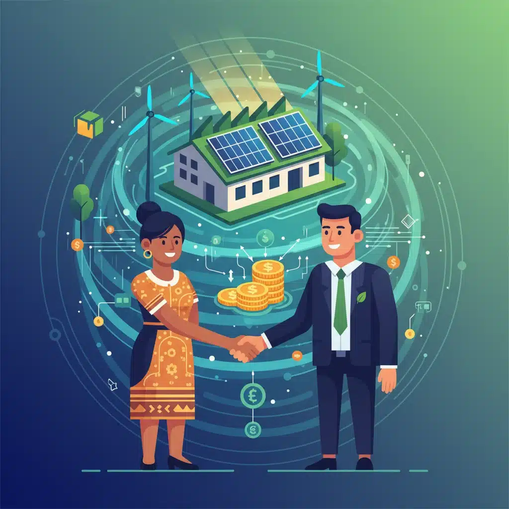 Empresário brasileiro e consultor ambiental selando um acordo, com elementos de energia sustentável e transações financeiras digitais.