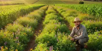 Campo agrícola vibrante e saudável no Brasil, com lavouras diversas e solo rico. Um agricultor inspeciona as plantas, simbolizando a agricultura regenerativa.