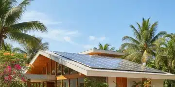Casa moderna com painéis solares no telhado sob céu azul, simbolizando energia limpa e economia.